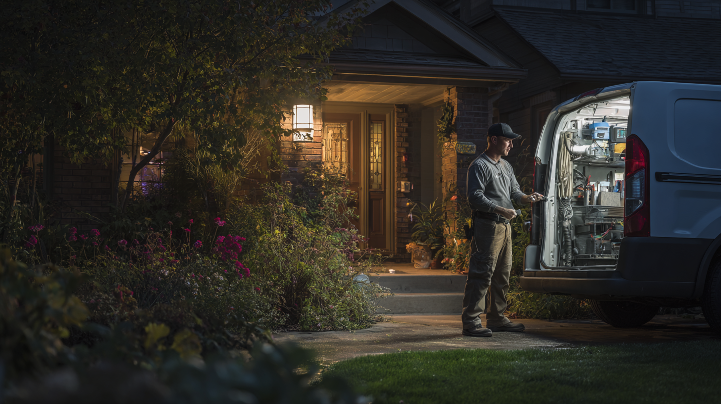 HVAC technician arriving at a home at night for emergency repair