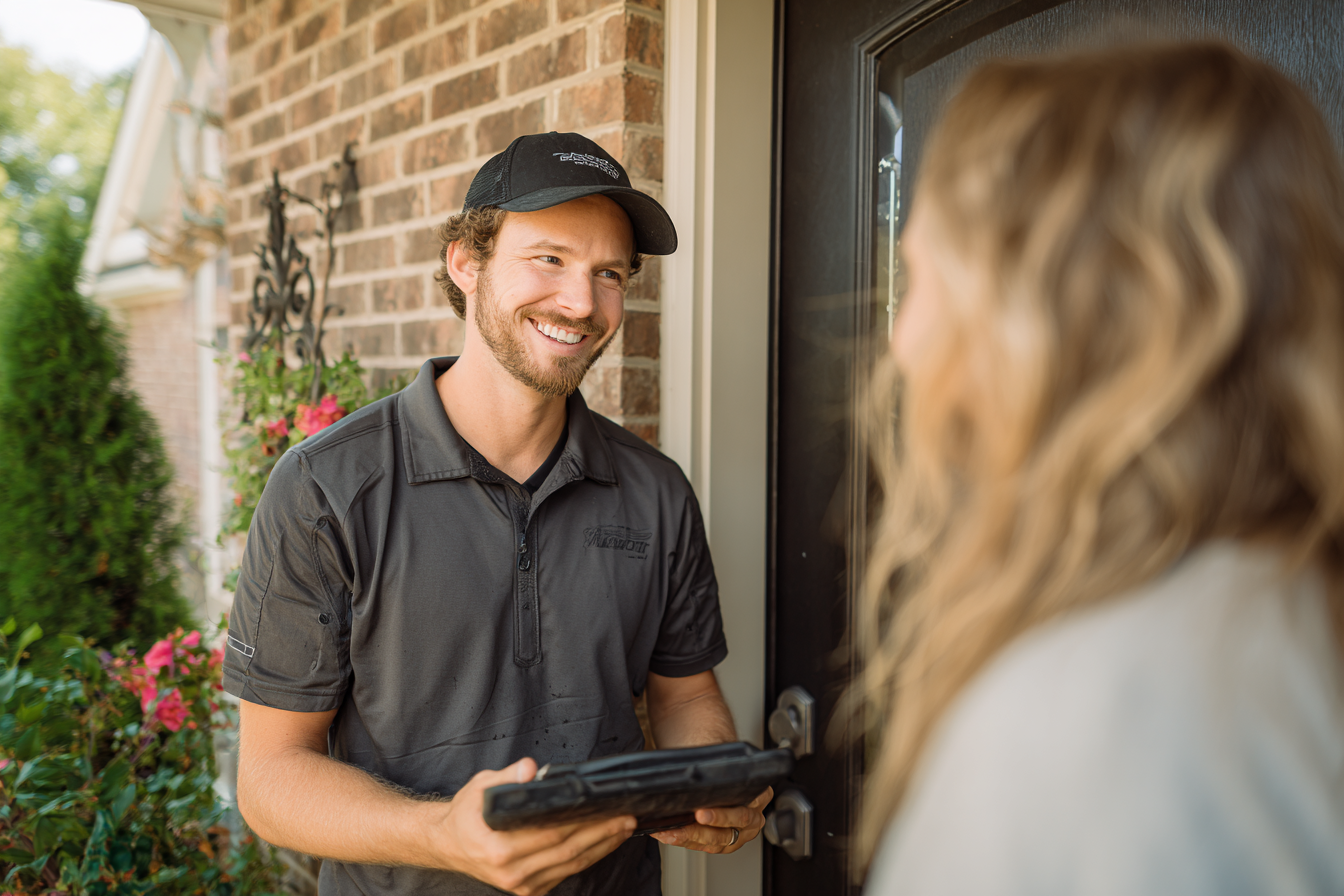 Technician consulting with a homeowner at the front door