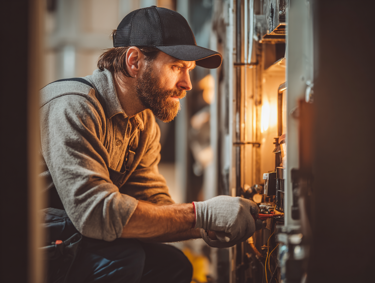 Technician repairing a furnace inside a utility room