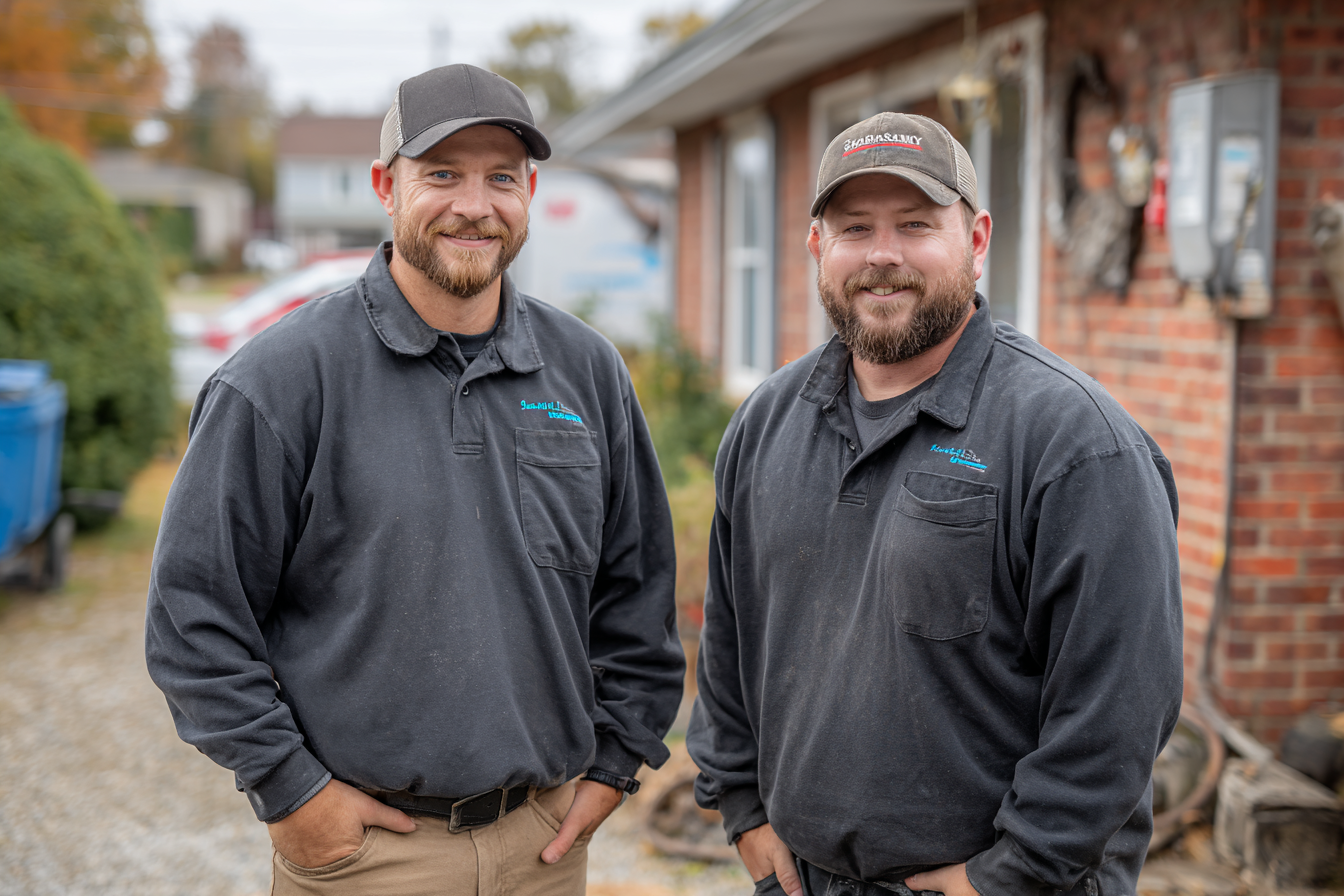 Friendly local HVAC team standing outside their shop
